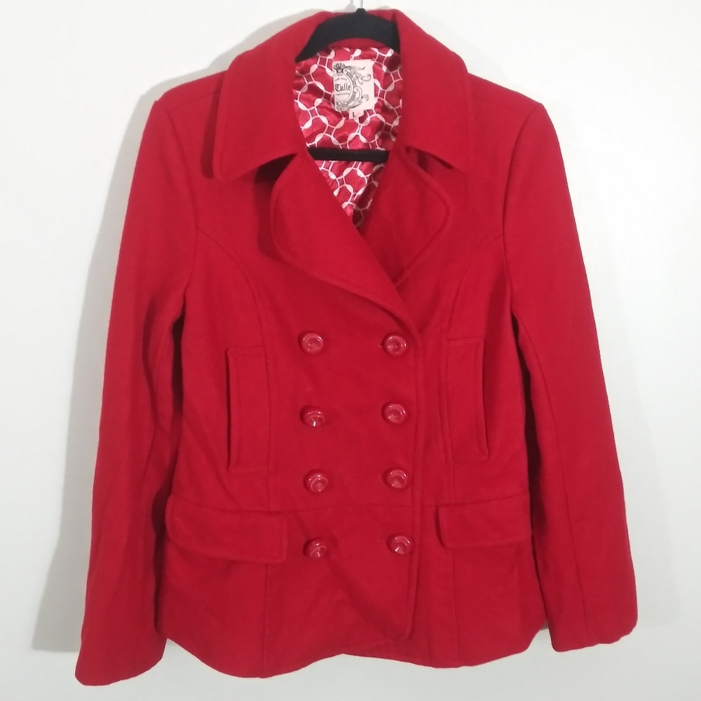 Tulle cherry red wool blend double breasted jacket